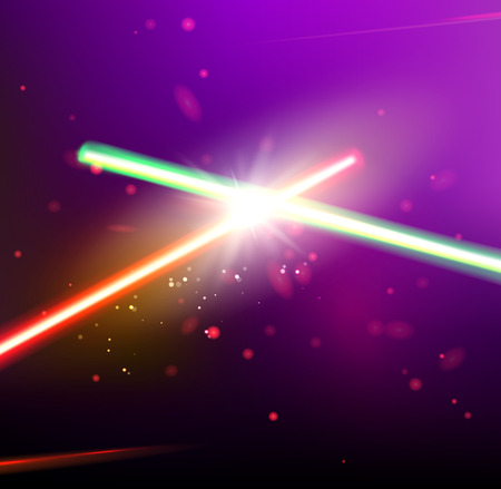 Two laser rays are crossed over dark space background. Deep space of univerce  with stars and laser glow. Vector illustration.のイラスト素材