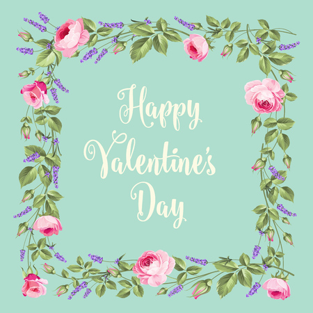 Happy Valentines Day  card. Vintage flower frame over vintage background. Rose and Lavender. Vector illustration.のイラスト素材