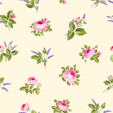 Rose and Lavender. Blossom provence flowers. Classical luxury old fashioned ornament, royal seamless texture for wallpapers, textile, wrapping. のイラスト素材