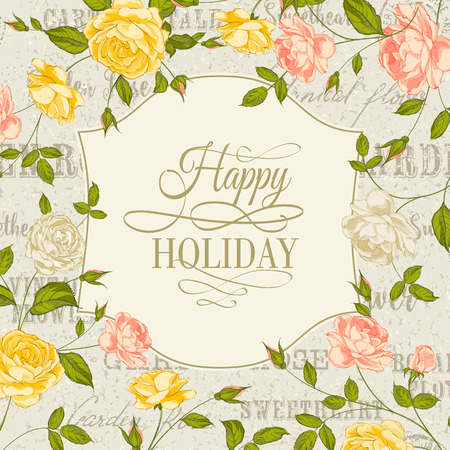 Vintage card with roses on holiday. Backdrop of postal stamps and postmarks, gray background. Vector illustration.のイラスト素材