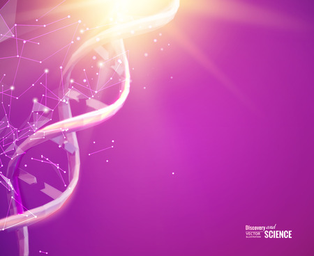 Science template for your card, bright wallpaper or banner with a DNA molecules of polygons. Wireframe mesh polygonal element. Glow light futuristic background.  Vector illustration.のイラスト素材