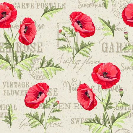 Pattern of poppy flowers on a white background. Backdrop of postal stamps and postmarks, gray background. Vector illustration.のイラスト素材