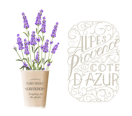 The lavender elegant card with frame of flowers and text. Lavender garland for your text presentation. Label of soap package. Label with lavender flowers.のイラスト素材