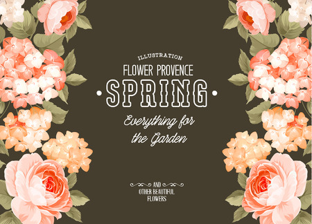 Illustration of provence flower. Everything for garden and other beautiful flowers. Floral card on the black background. Vector illustration.のイラスト素材