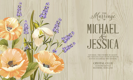 Background with beautiful poppies. Floral card on the wooden background. Vector illustration.のイラスト素材