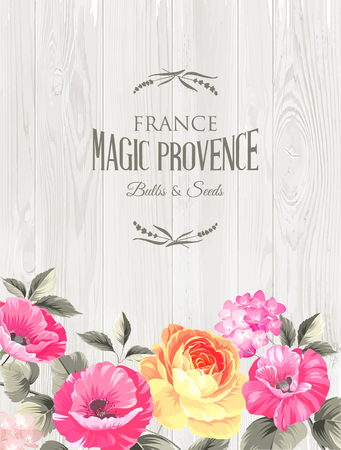 Marriage invitation card with custom sign and flower frame over wooden background. Vector illustration.のイラスト素材
