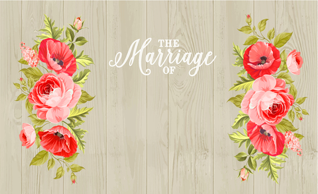 Marriage invitation card with custom sign and flower frame over wooden background. Vector illustration.のイラスト素材