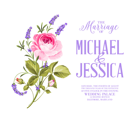 Awesome vintage card of color flowers. Wedding invitation card of color flowers over white backgroundのイラスト素材