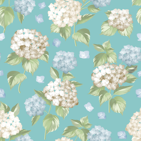 White flowers pattern for fabric design. Pattern over blue background. Flower pattern of blue hydrangea flowers over blue background. Vector illustration.のイラスト素材