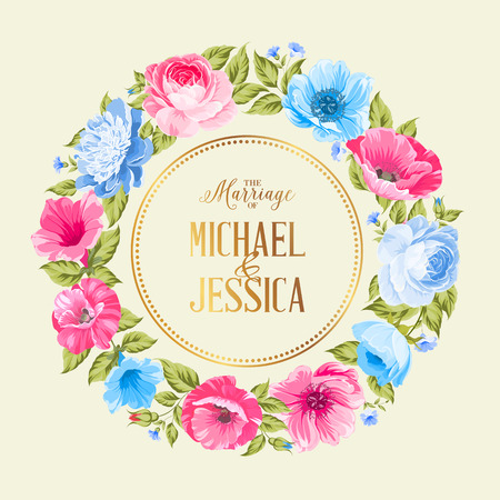 Flower garland for invitation card. Invitation card template with blooming flowers and custom text isolated over white. Pink flowers on the white background. Vector illustration.のイラスト素材