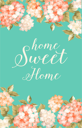 Home sweet home. Flower garland of orange hydrangea flowers over blue background. Illustration of flowers. Vintage art. Can be used for invitation card. Vector illustration.のイラスト素材