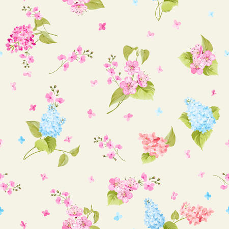 Seamless pattern of Syringa and Sacura flowers for fabric samples. Vector illustration.のイラスト素材