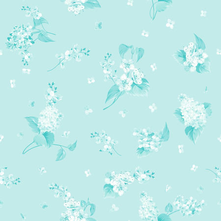 Seamless flower pattern for fabric design. Seamless pattern of Syringa and Sacura flowers over blue background. Vector illustration.のイラスト素材