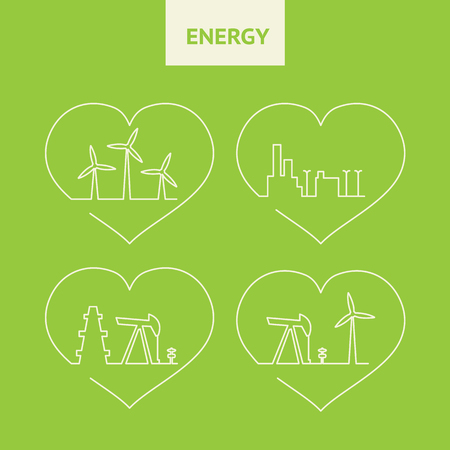 Oil pump jack silhouette design. Wind generators on the green background. Big city skyline. Production ecology oil. Vector illustration.のイラスト素材