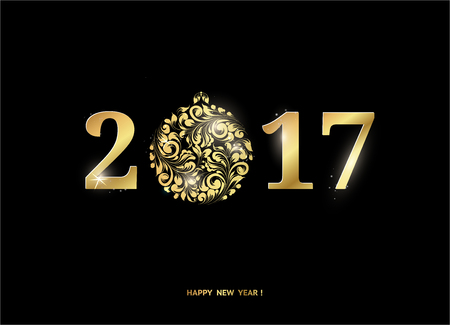 Happy new year sign with 2017 on black background. Golden letters. Merry christmas. Vector illustration.のイラスト素材