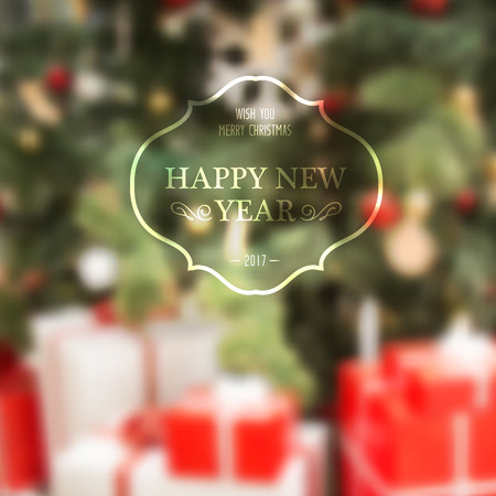 Happy New Year Holiday Card. The holiday text with vintage frame over blurred background. Christmas mistery design. Vector illustration.のイラスト素材