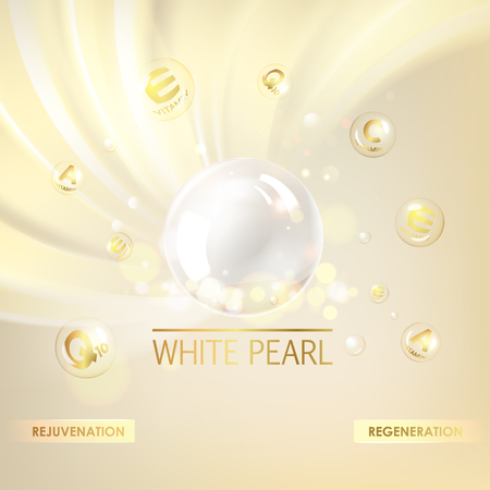 Shining golden essence droplet. Vitamin E drop with white sphere. Beauty treatment nutrition skin care design. Vector illustration.のイラスト素材