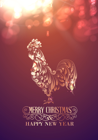 Fire Rooster symbol of the new year by Chinese calendar. Christmas card. Icon of the bird on the color bokeh background. Vector illustration.のイラスト素材