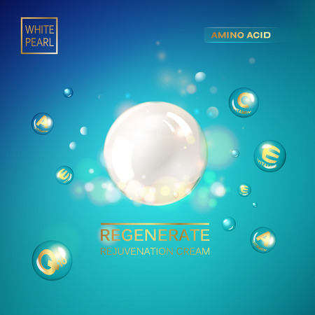 Regenerate cream and Vitamin Background of Concept Skin Care Cosmetic. Vitamin E drop with white sphere. Beauty treatment nutrition skin care design. Vector illustration.のイラスト素材