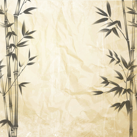Bamboo bush, ink painting over crumpled paper background. Leaves of bamboo tree - the symbol of japanese garden. Vector illustration.のイラスト素材