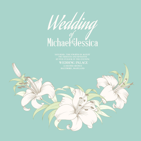 Wedding card and engagement announcement, Invitation template with blooming lilies over blue background. Vector illustration.のイラスト素材