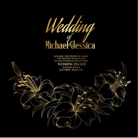 Wedding card and engagement announcement, Invitation template with golden text, blooming lilies over black background. Vector illustration.のイラスト素材