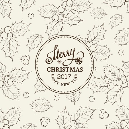 Christmas mistletoe line drawing over circle frame with holiday text and border. Vector illustration.のイラスト素材