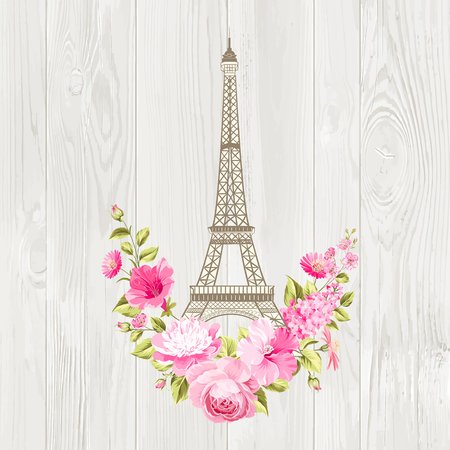 Eiffel tower icon with spring blooming flowers over gray text pattern with sign Paris souvenir. Vector illustration.のイラスト素材