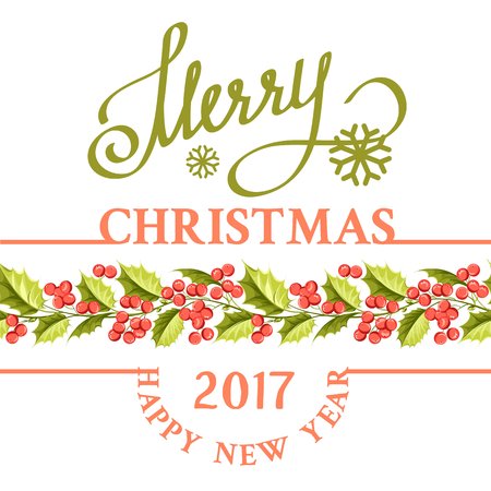 Christmas mistletoe holiday card with text. Happy new year 2017. Christmas flower frame. Gold text typography. Vector illustration.のイラスト素材