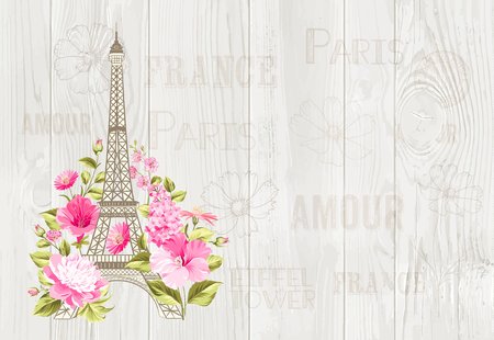 Eiffel tower icon with spring blooming flowers over gray text pattern with sign Paris souvenir. Vector illustration.のイラスト素材