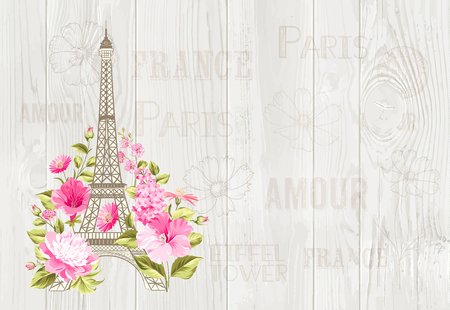 Eiffel tower icon with spring blooming flowers over gray text pattern with sign Paris souvenir. Vector illustration.