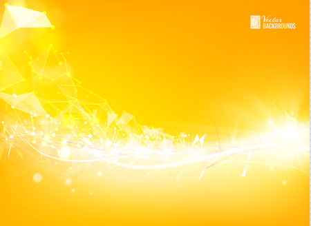 Abstract particles over orange background with shining sparks. Wireframe mesh polygonal element. Wavy abstract orange background for your design. Vector illustration, contains transparencies.のイラスト素材