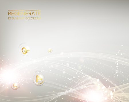 Science illustration of a cream molecule. Regenerate face cream and Vitamin complex concept. Organic cosmetic and skin care cream. Beauty skin care design over silver background. Vector illustration.のイラスト素材