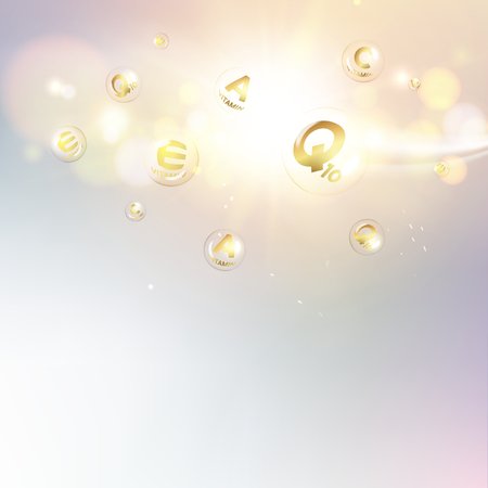 Science illustration with oil drop over gray background . Organic cosmetic and skin care cream. Regenerate face cream and vitamin complex concept. Beauty skin care design. Vector illustration.のイラスト素材