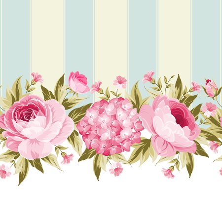 Border with blooming spring flowers in vintage style with vertical tile lines and clear text space. Border of rose flowers in vintage style. Floral invitation card. Vector illustration.のイラスト素材