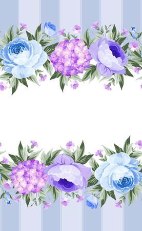 Border with blooming spring flowers in vintage style with vertical tile lines and clear text space. Border of blue flowers in vintage style. Floral invitation card. Vector illustration.のイラスト素材
