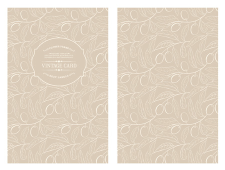 Two olives on branch with leaves isolated on gray. Vintage card with olives. Book cover with olive texture. Sepia lines over white background. Vector illustration.のイラスト素材