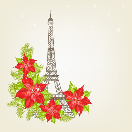 Eiffel tower symbol with Euphorbia flowers isolated over gray background. The Euphorbia christmas card. Vector illustration.のイラスト素材