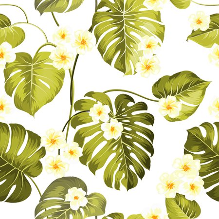 Tropical flowers and jungle palms. Beautiful fabric pattern with a tropical plumeria isolated over black background. Seamless texture. Vector illustration.のイラスト素材