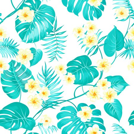 Tropical flowers and jungle palms. Beautiful fabric pattern with a yellow plumeria isolated over green palm leaves. Seamless texture. Vector illustration.のイラスト素材