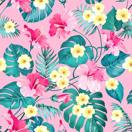 Sepia tropical flowers and jungle palms. Beautiful fabric pattern with a tropical plumeria isolated over pink background. Blossom plumeria for seamless pattern background.のイラスト素材