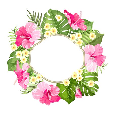 Tropical flower frame with place for invitation card text. Happy holiday card with floral garland. Summer holiday invitation card with floral garland with text place. Vector illustration.のイラスト素材