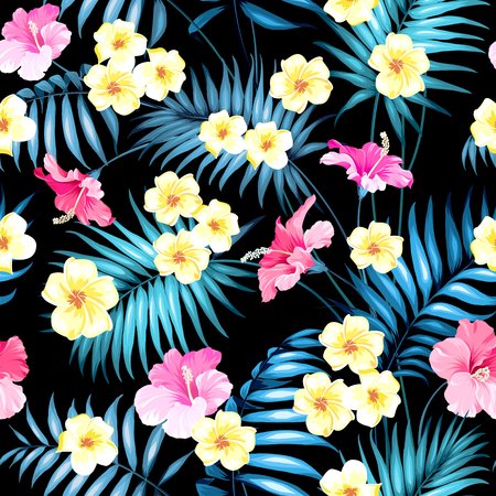 Tropical plumeria and green palm leaves. Dark fabric swatch with pradise flowers isolated over black background. Seamless fabric texture. Vector illustration.のイラスト素材
