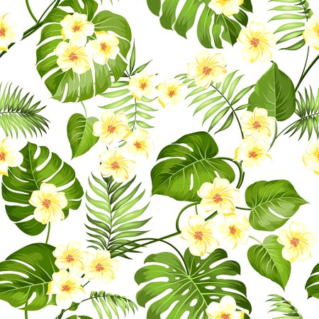Seamless tropical flower. Plumeria flowers and jungle palms. Beautiful fabric pattern with a tropical flowers isolated over white background. Blossom flowers for seamless pattern background.のイラスト素材