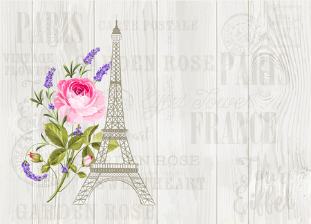 Eiffel tower icon with spring blooming flowers over gray wooden pattern. Vector illustration.のイラスト素材