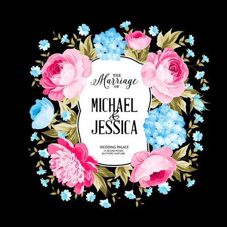 Marriage invitation card. Spring flowers bouquet of rose, peony and hydrengea garland. Wedding card with rose flowers over black background. Vector illustration.のイラスト素材