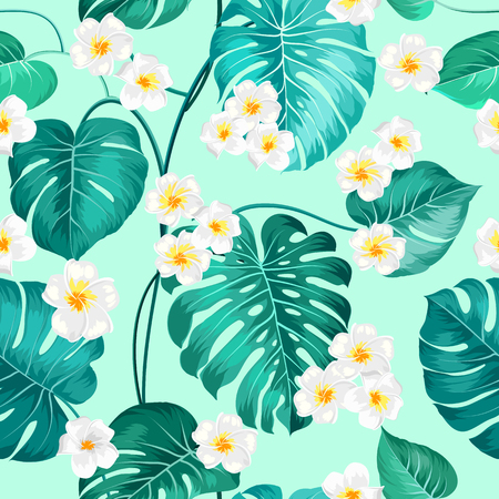 Tropical flowers and jungle palms. Beautiful fabric pattern with a tropical plumeria isolated over green background. Seamless texture. Vector illustration.のイラスト素材