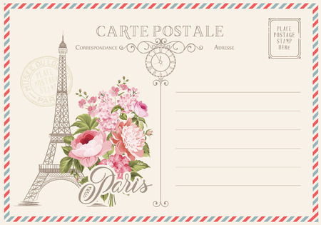 Old blank postcard with post stamps and eiffel tower with spring flowers on the top. Vector illustrtion.のイラスト素材