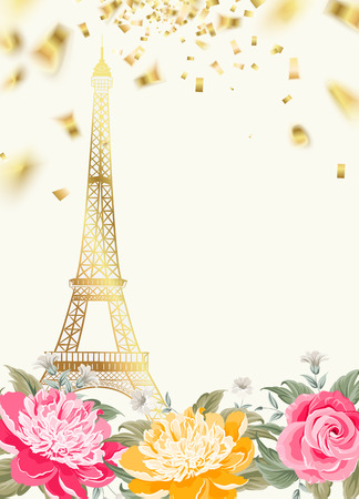 Eiffel tower icon with Golden confetti falls isolated over white background and blooming spring flowers in the bottom. Vector illustration.のイラスト素材