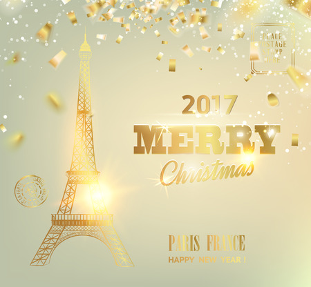Happy new year card over gray background with golden sparks. Eiffel tower with Golden confetti isolated over gray background and sign Merry Christmas Paris Eiffel Tower France. Vector illustration.のイラスト素材
